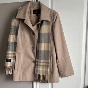 London Fog Women's Tan Pea Coat with Checkered Scarf